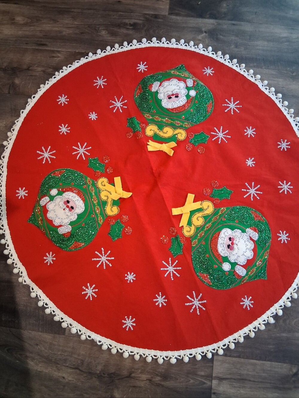 VTG Handstitched  Christmas Tree Skirt OR TABLECLOTH Red SEQUIN SANTA ORNAMENT
